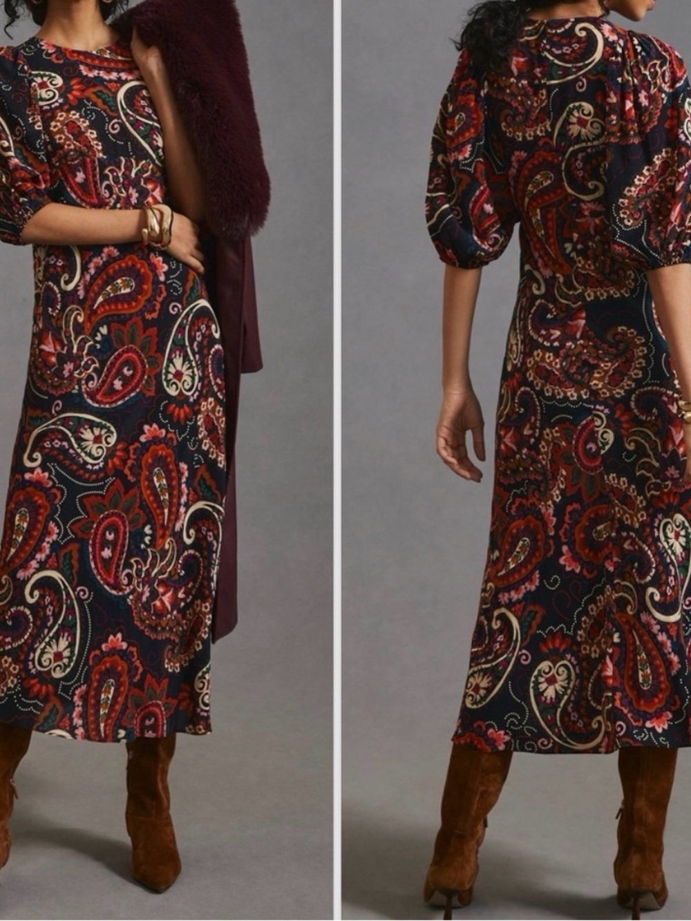 Anthropologie Kachel Red Black Paisley Print Puff-Sleeve boho Dress sz medium